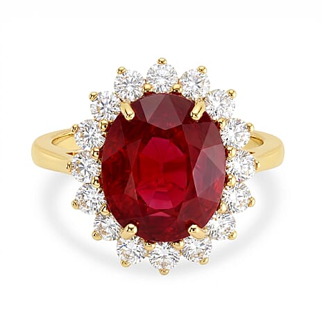 Luxuriant - African Ruby (7.15 Ct.) & Lab Grown Diamond (SI-G-H 1.00 Ct.) Halo Ring in 18K Vermeil Yellow Gold Plated Sterling Silver 8.16 Ct.