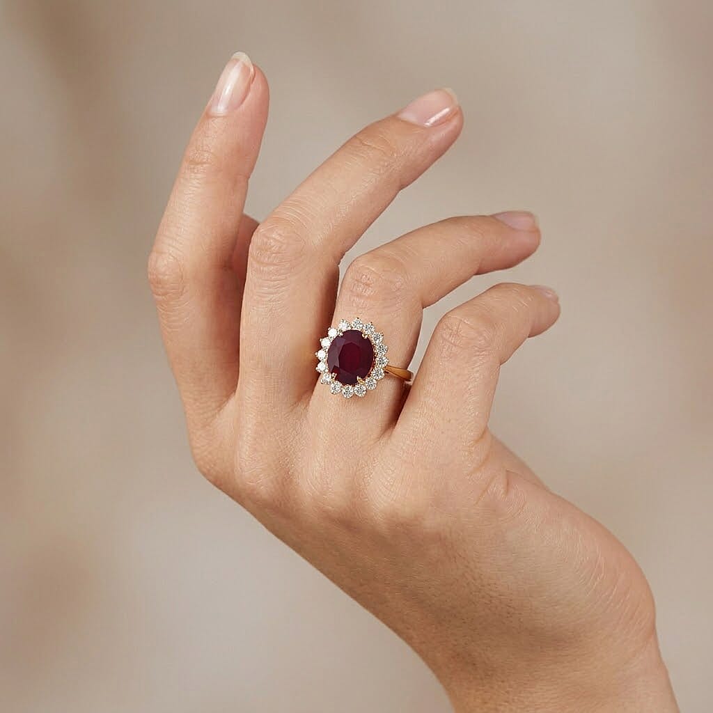 African Ruby (7.15 Ct.) & Lab Grown Diamond (SI G-H 1.00 Ct.)  Ring in 18K Vermeil Sterling Silver 8.16 Ct.