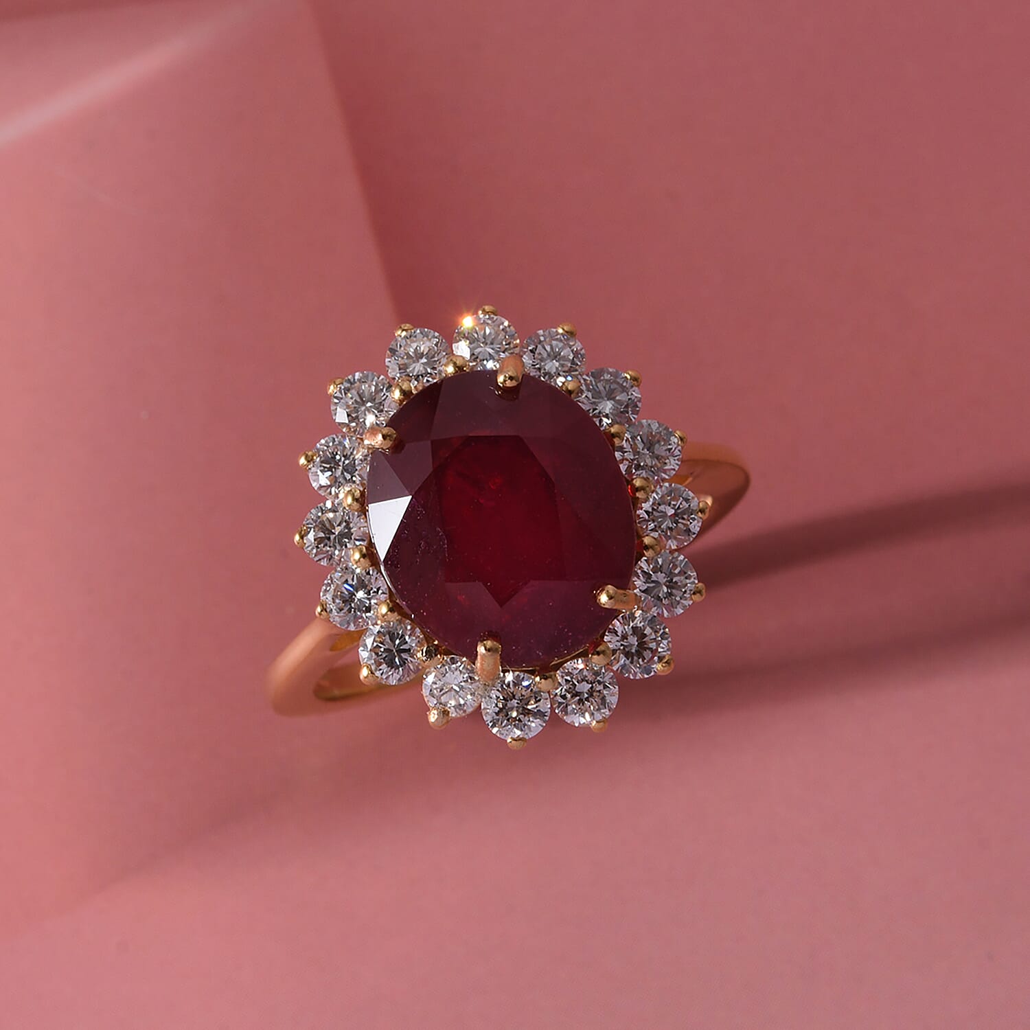 African Ruby (7.15 Ct.) & Lab Grown Diamond (SI G-H 1.00 Ct.)  Ring in 18K Vermeil Sterling Silver 8.16 Ct.
