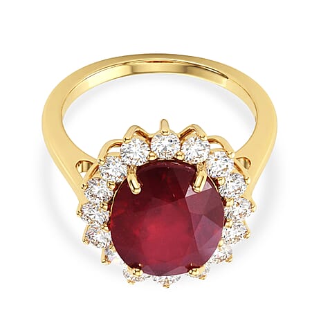 Luxuriant - African Ruby (7.15 Ct.) & Lab Grown Diamond (SI-G-H 1.00 Ct.) Halo Ring in 18K Vermeil Yellow Gold Plated Sterling Silver 8.16 Ct.