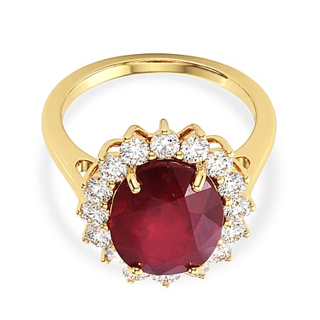 LUXURIANT African Ruby, Lab Grown Diamond Halo Ring in 18K Vermeil Yellow Gold Plated Sterling Silver 8.16 Ct. (SI-G-H) LUXURIANT African Ruby, Lab Grown Diamond Halo Ring in 18K Vermeil Yellow Gold Plated Sterling Silver 8.16 Ct. (SI-G-H)