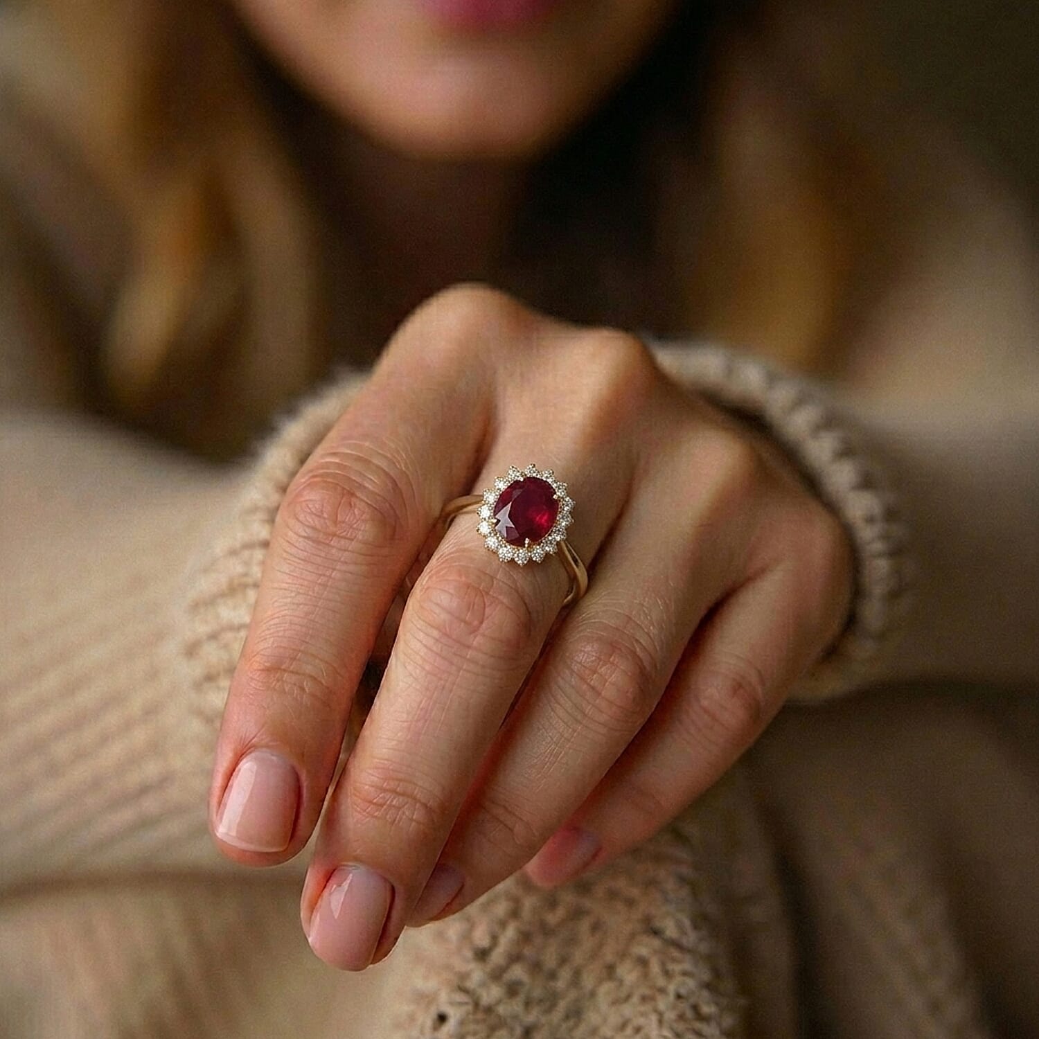 Luxuriant - African Ruby (7.15 Ct.) & Lab Grown Diamond (SI-G-H 1.00 Ct.) Halo Ring in 18K Vermeil Yellow Gold Plated Sterling Silver 8.16 Ct.