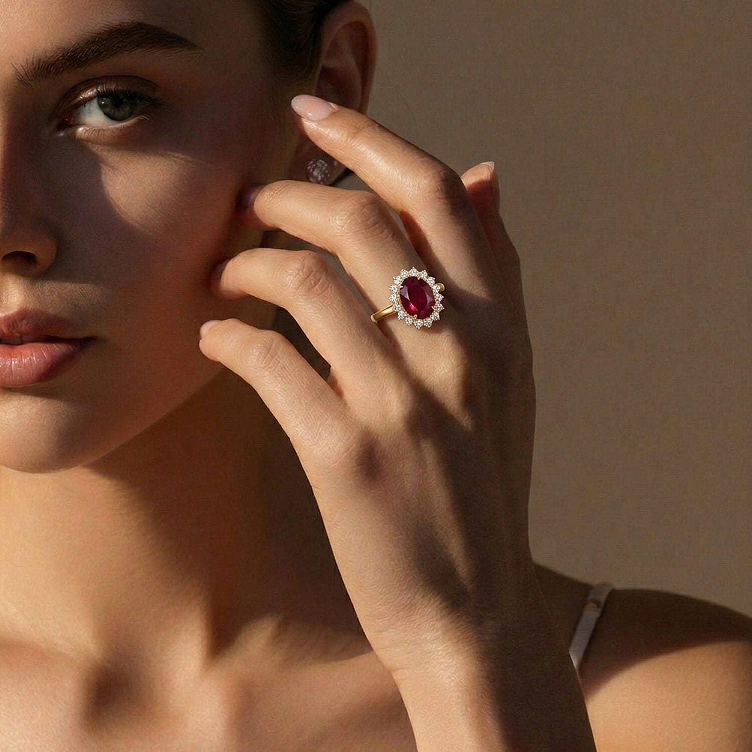 Luxuriant - African Ruby (7.15 Ct.) & Lab Grown Diamond (SI-G-H 1.00 Ct.) Halo Ring in 18K Vermeil Yellow Gold Plated Sterling Silver 8.16 Ct.