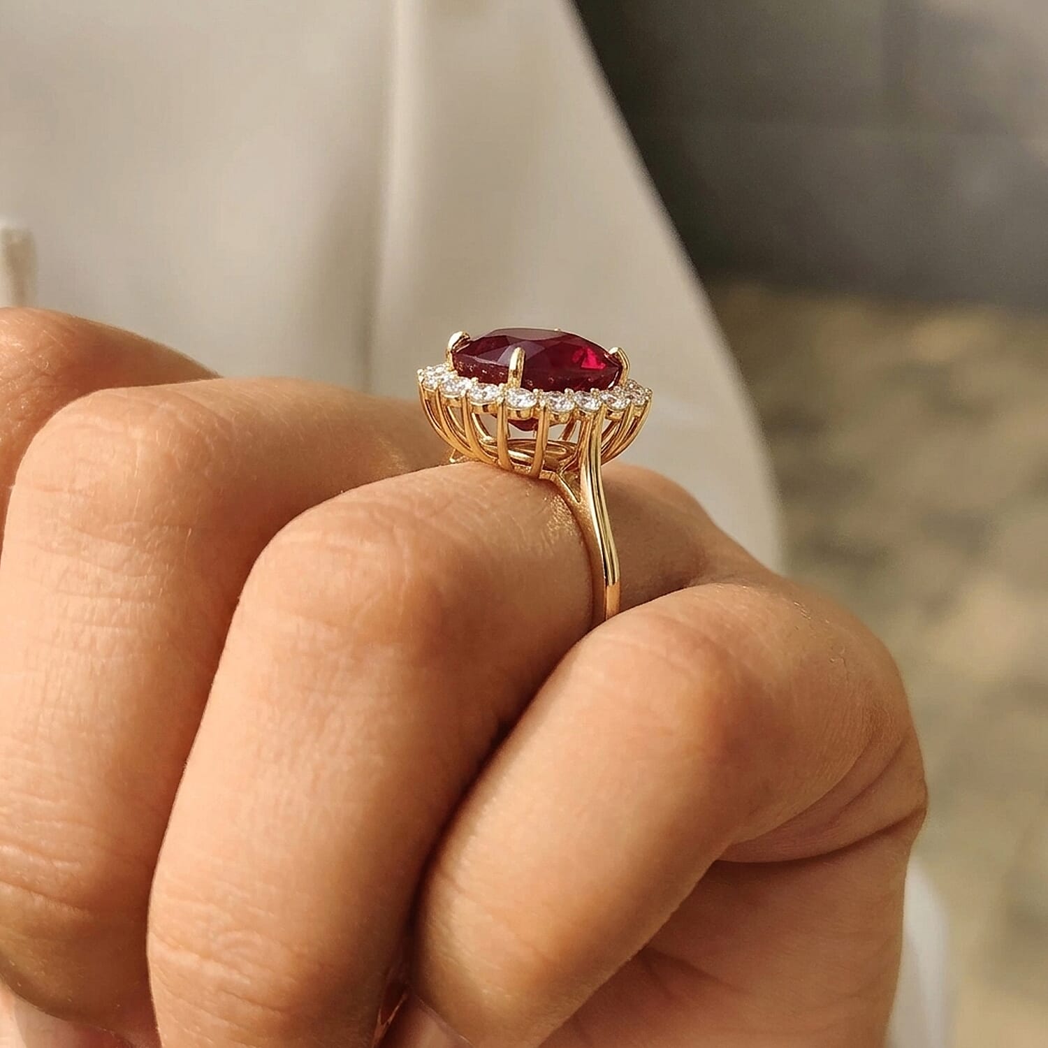 Luxuriant - African Ruby (7.15 Ct.) & Lab Grown Diamond (SI-G-H 1.00 Ct.) Halo Ring in 18K Vermeil Yellow Gold Plated Sterling Silver 8.16 Ct.