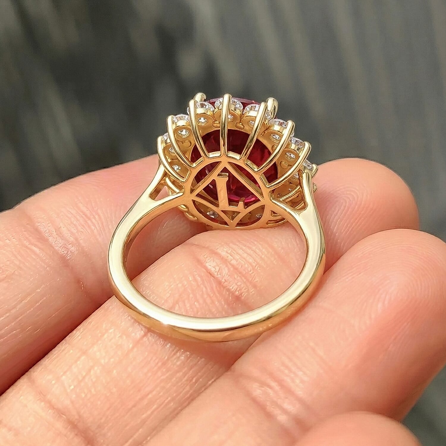 Luxuriant - African Ruby (7.15 Ct.) & Lab Grown Diamond (SI-G-H 1.00 Ct.) Halo Ring in 18K Vermeil Yellow Gold Plated Sterling Silver 8.16 Ct.