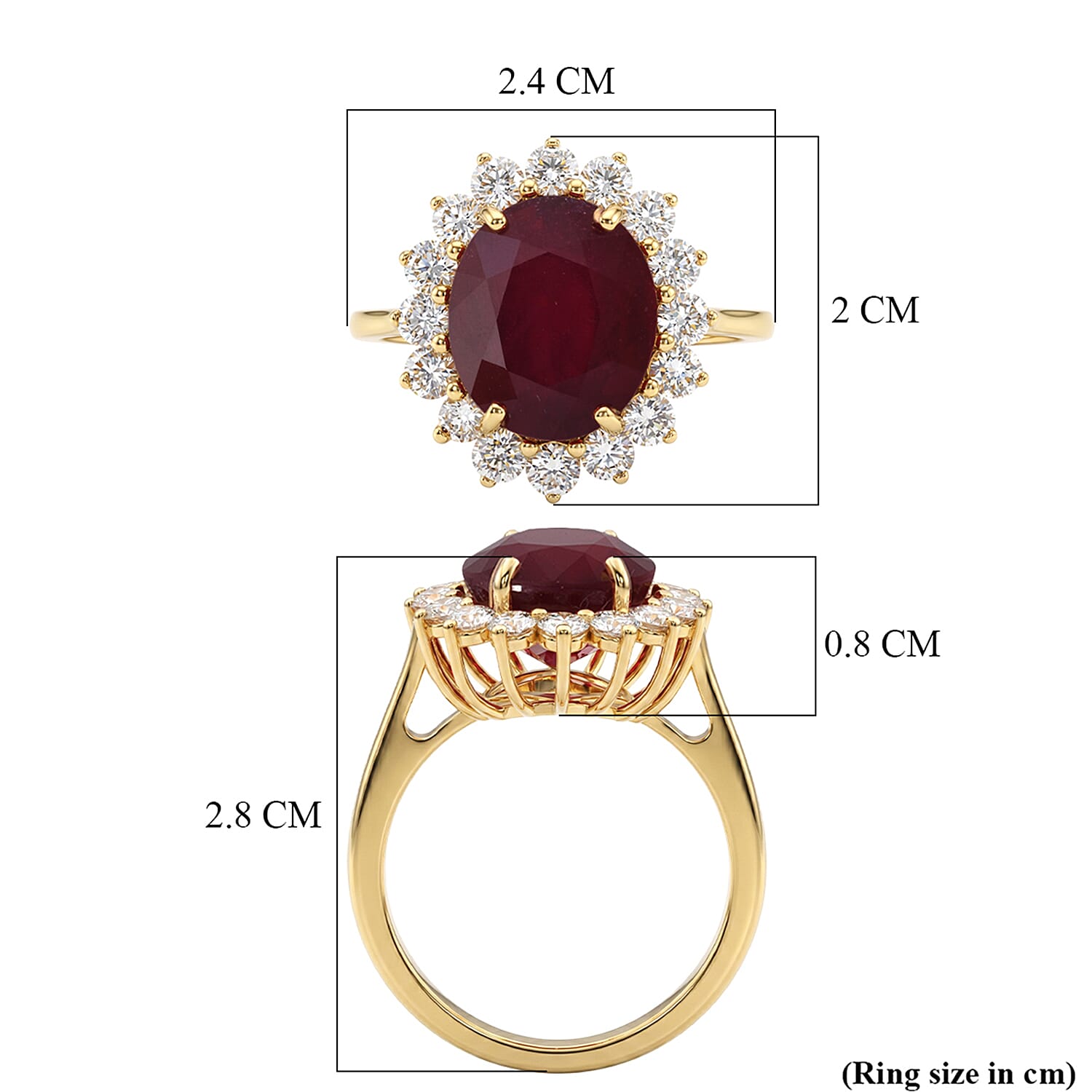 Luxuriant - African Ruby (7.15 Ct.) & Lab Grown Diamond (SI-G-H 1.00 Ct.) Halo Ring in 18K Vermeil Yellow Gold Plated Sterling Silver 8.16 Ct.
