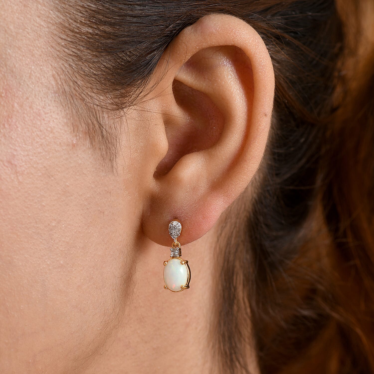 D'Joy - Ethiopian Opal & White Zircon Dangling Earring with Push Post in Yellow Gold Plated Sterling Silver 2.10 Ct.