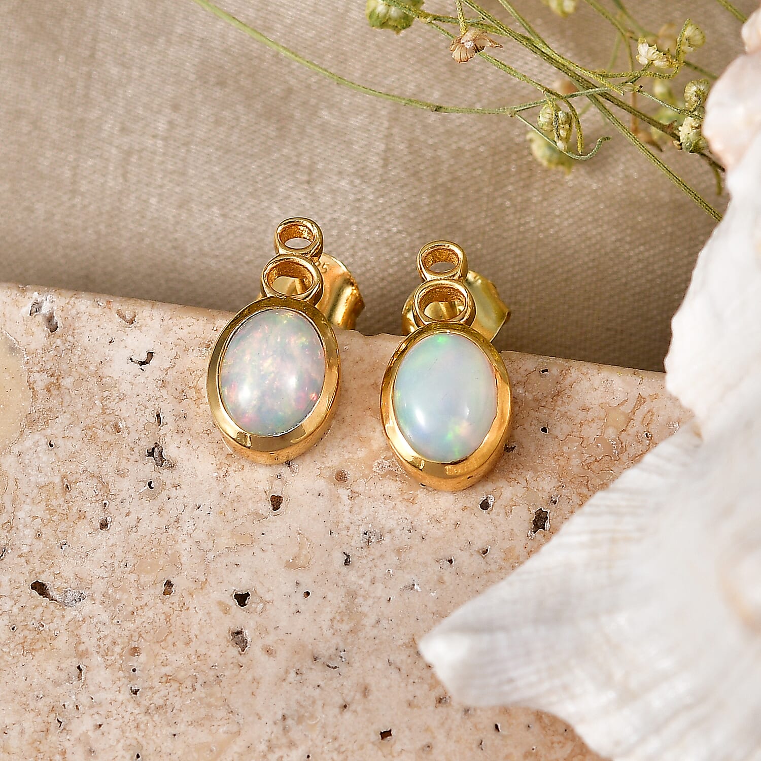 D'Joy - Ethiopian Opal Solitaire Stud Push Post Earring in Yellow Gold Plated Sterling Silver 1.75 Ct.
