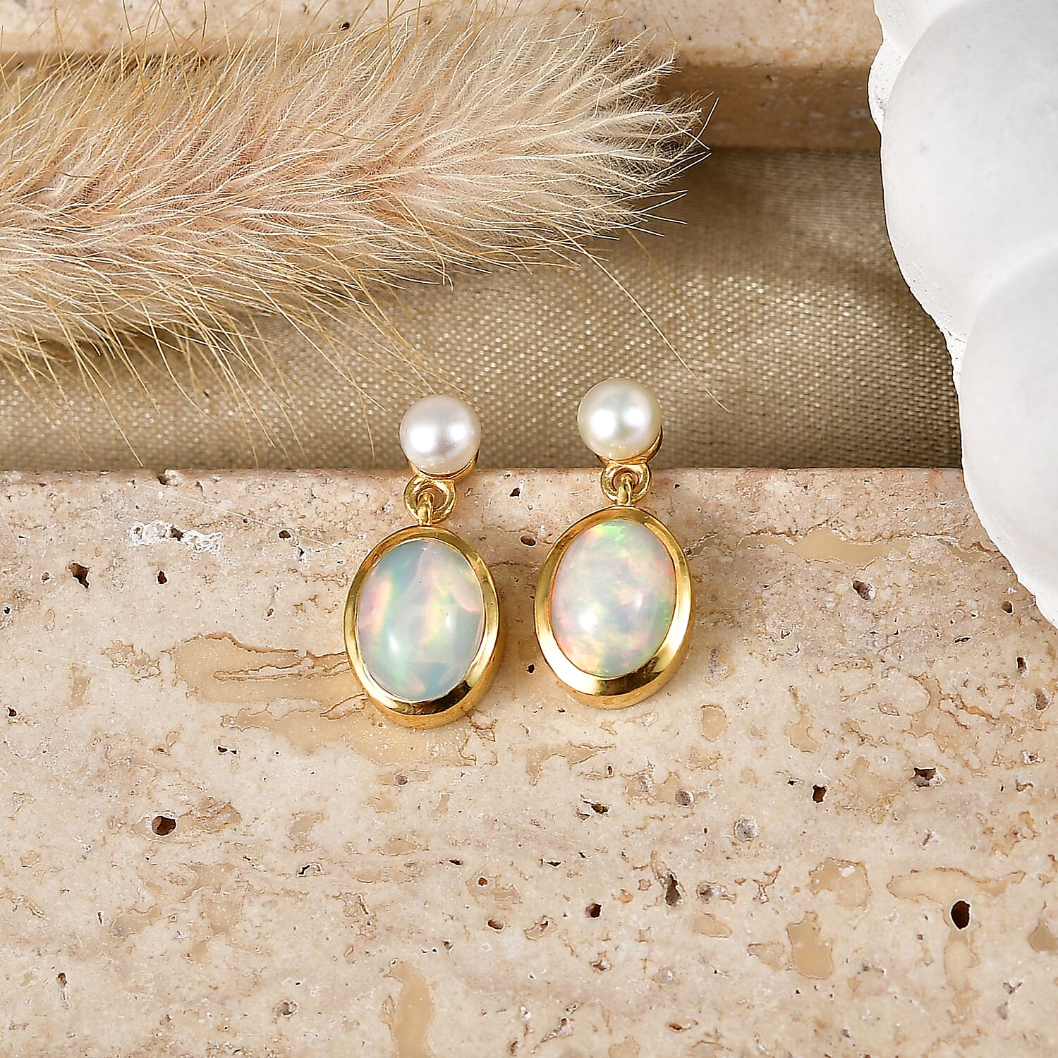 D'Joy - Ethiopian Opal & Fresh Water Pearl Dangling Earring with Push Post in Yellow Gold Plated Sterling Silver 2.50 Ct.