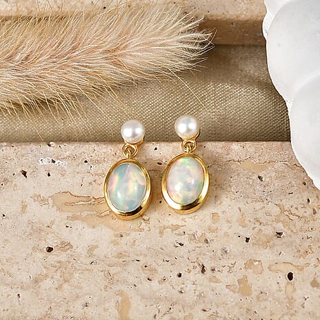 D'Joy - Ethiopian Opal & Fresh Water Pearl Dangling Earring with Push Post in Yellow Gold Plated Sterling Silver 2.50 Ct.