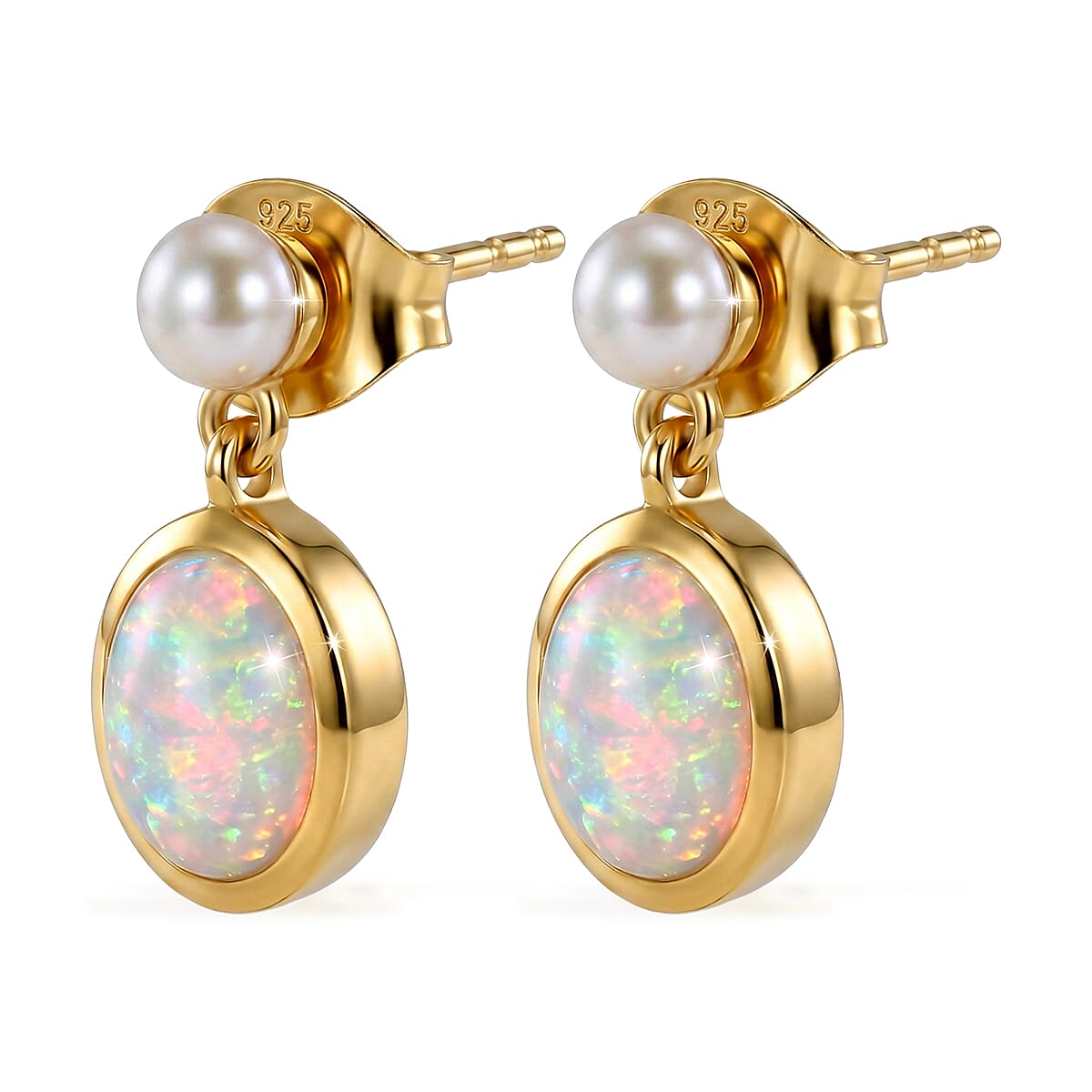 D'Joy - Ethiopian Opal & Fresh Water Pearl Dangling Earring with Push Post in Yellow Gold Plated Sterling Silver 2.50 Ct.