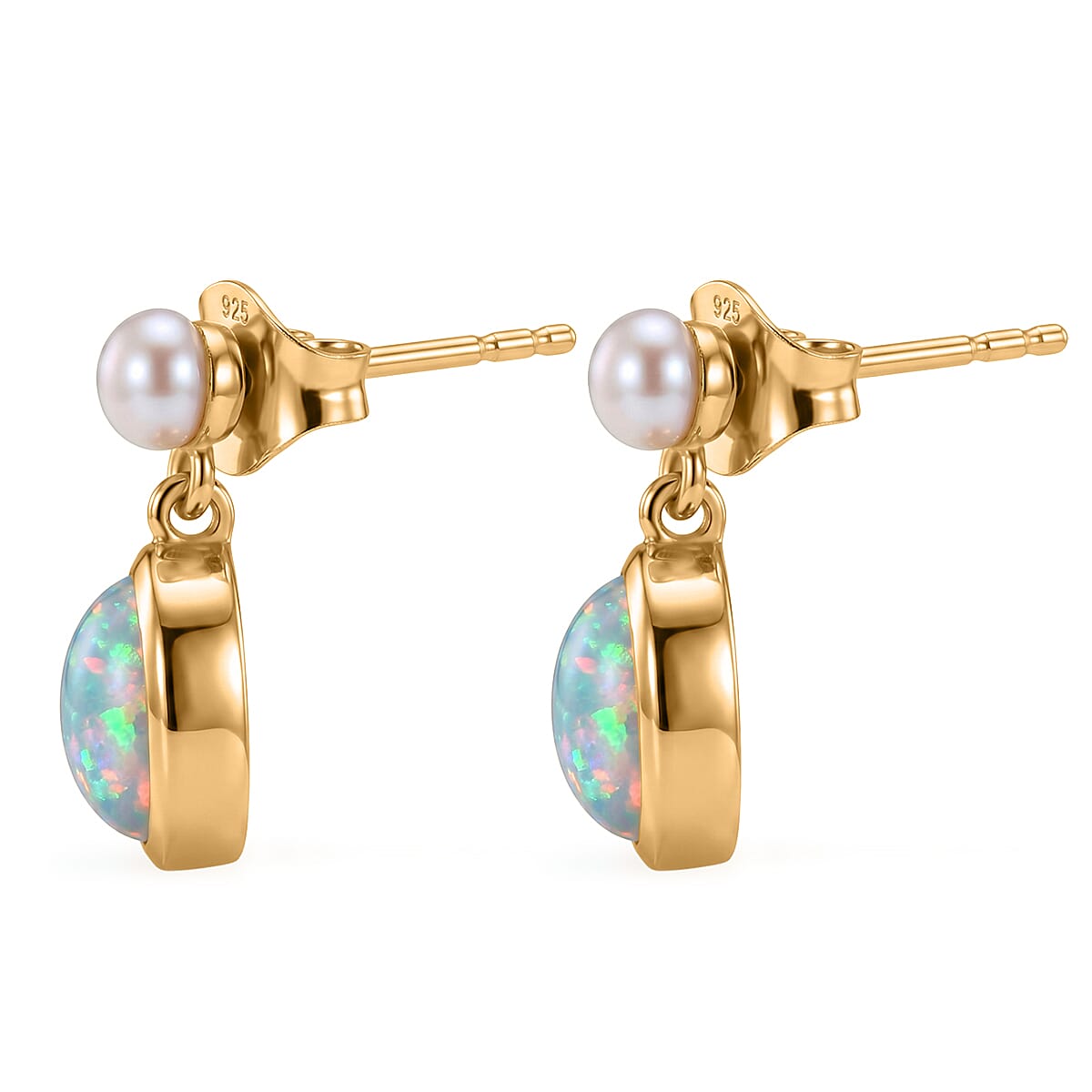 D'Joy - Ethiopian Opal & Fresh Water Pearl Dangling Earring with Push Post in Yellow Gold Plated Sterling Silver 2.50 Ct.