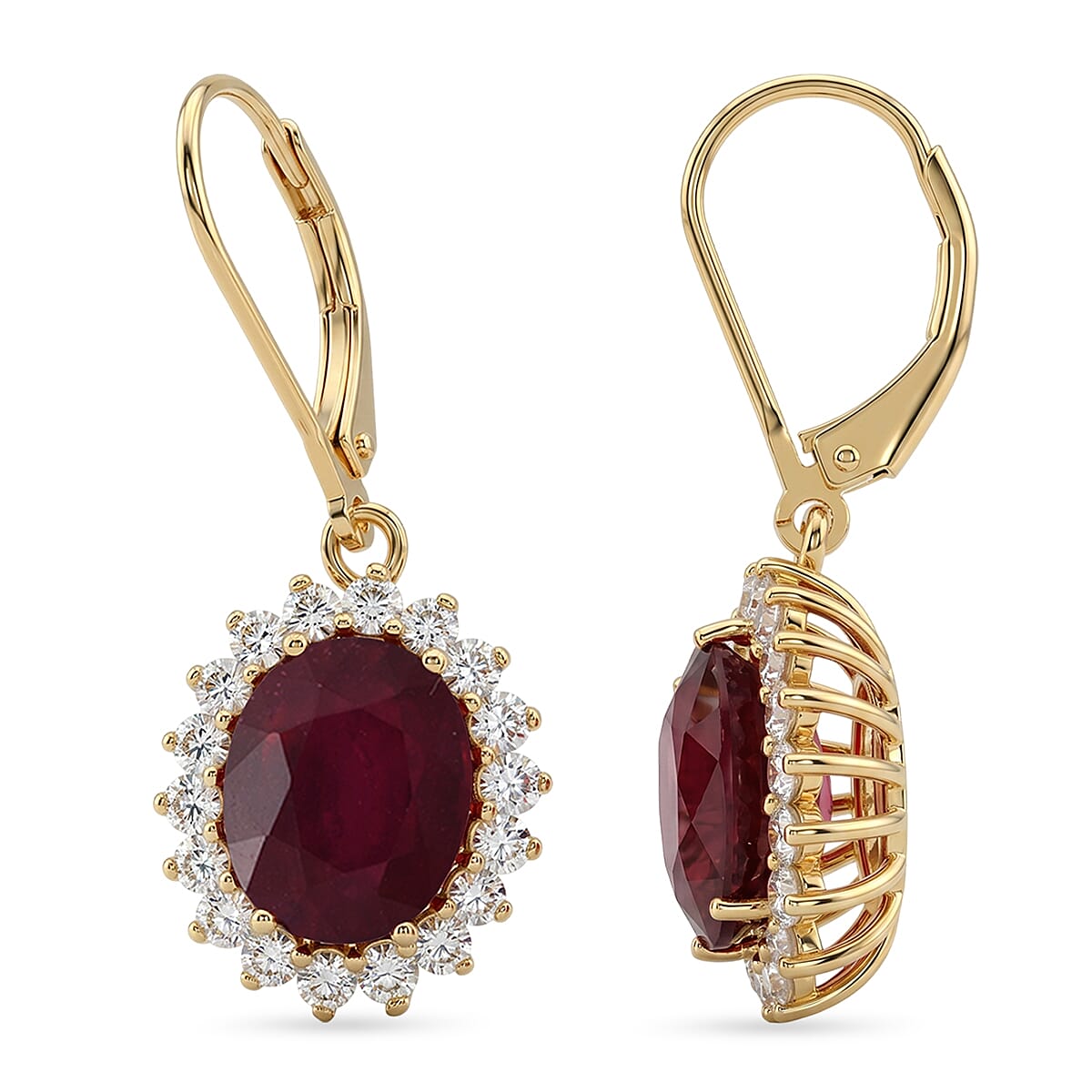 African Ruby (7.71 Ct) & Lab Grown Diamond (1.00 Ct) Halo Earring with Lever Back in 18K Vermeil Sterling Silver 8.73 Ct.