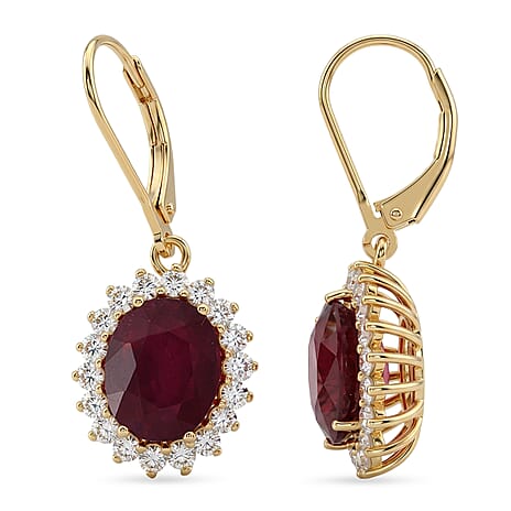 African Ruby (7.71 Ct) & Lab Grown Diamond (1.00 Ct) Halo Earring with Lever Back in 18K Vermeil Sterling Silver 8.73 Ct.