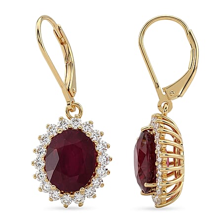 African Ruby (7.71 Ct) & Lab Grown Diamond (1.00 Ct) Halo Earring with Lever Back in 18K Vermeil Sterling Silver 8.73 Ct. African Ruby (7.71 Ct) & Lab Grown Diamond (1.00 Ct) Halo Earring with Lever Back in 18K Vermeil Sterling Silver 8.73 Ct.