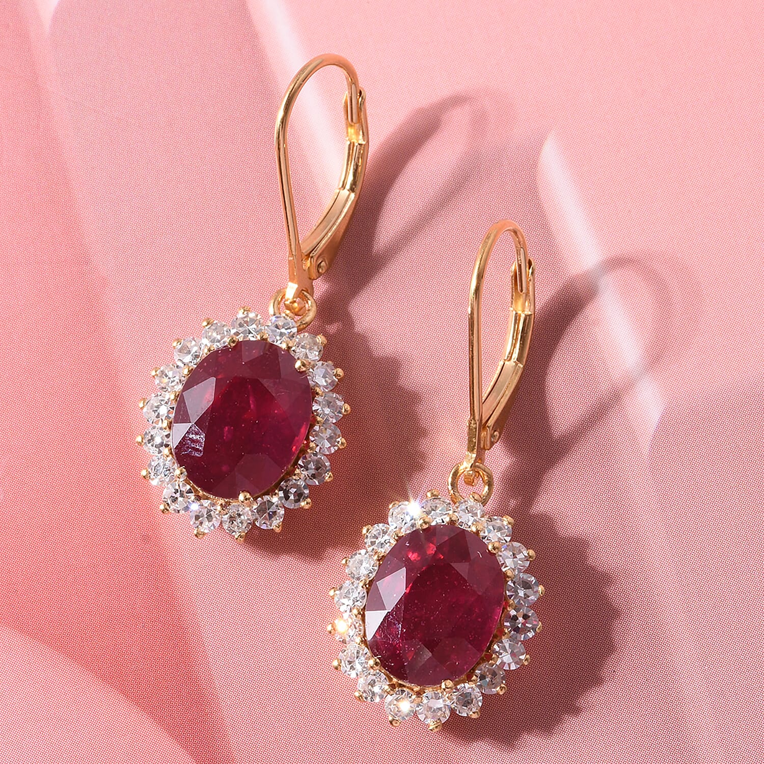 African Ruby (7.71 Ct) & Lab Grown Diamond (1.00 Ct) Halo Earring with Lever Back in 18K Vermeil Sterling Silver 8.73 Ct.