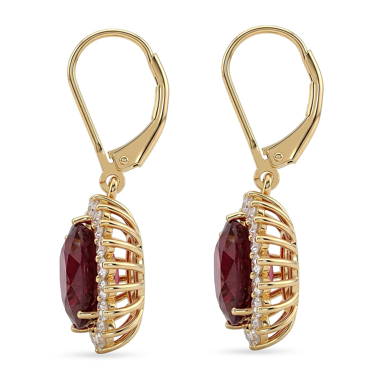 African Ruby (7.71 Ct) & Lab Grown Diamond (1.00 Ct) Halo Earring with Lever Back in 18K Vermeil Sterling Silver 8.73 Ct.