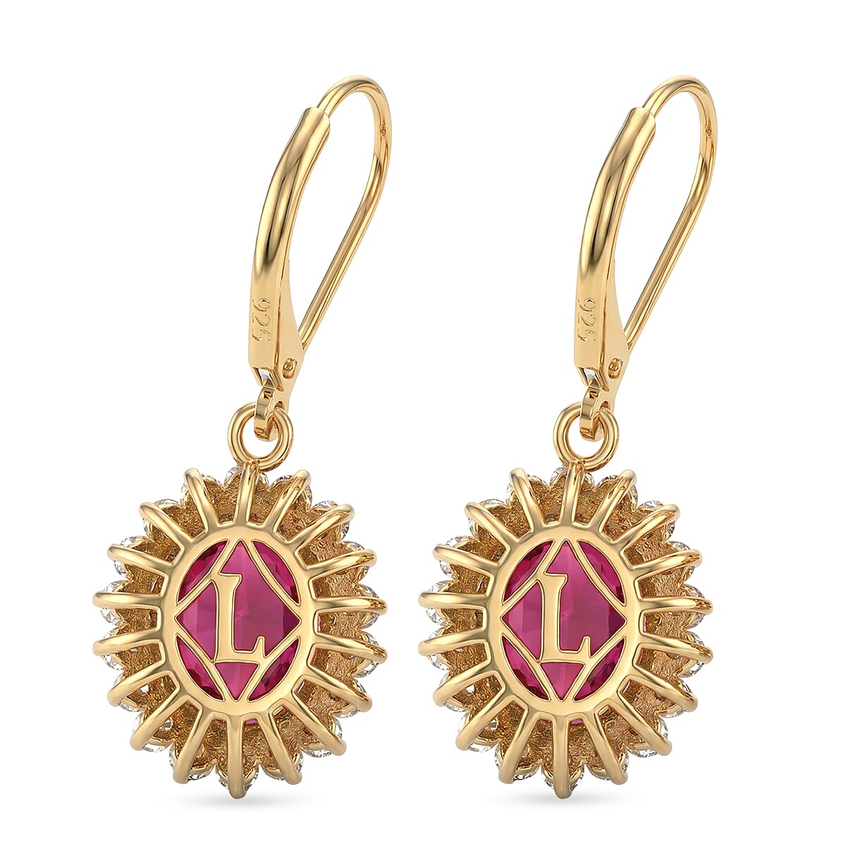 African Ruby (7.71 Ct) & Lab Grown Diamond (1.00 Ct) Halo Earring with Lever Back in 18K Vermeil Sterling Silver 8.73 Ct.