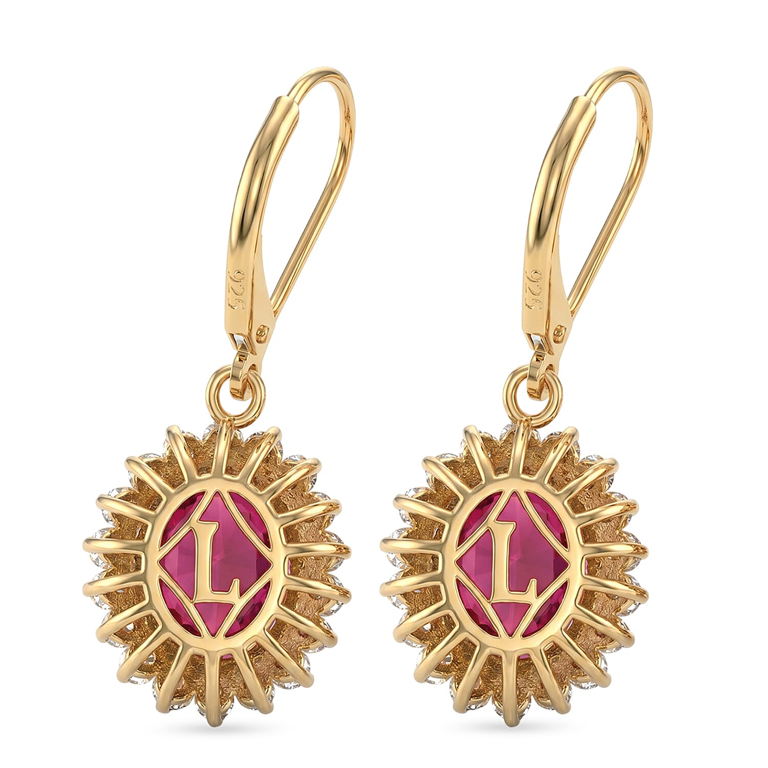 Luxuriant - African Ruby (7.71 Ct) & Lab Grown Diamond (1.00 Ct) Halo Earring with Lever Back in 18K Vermeil Sterling Silver 8.73 Ct.