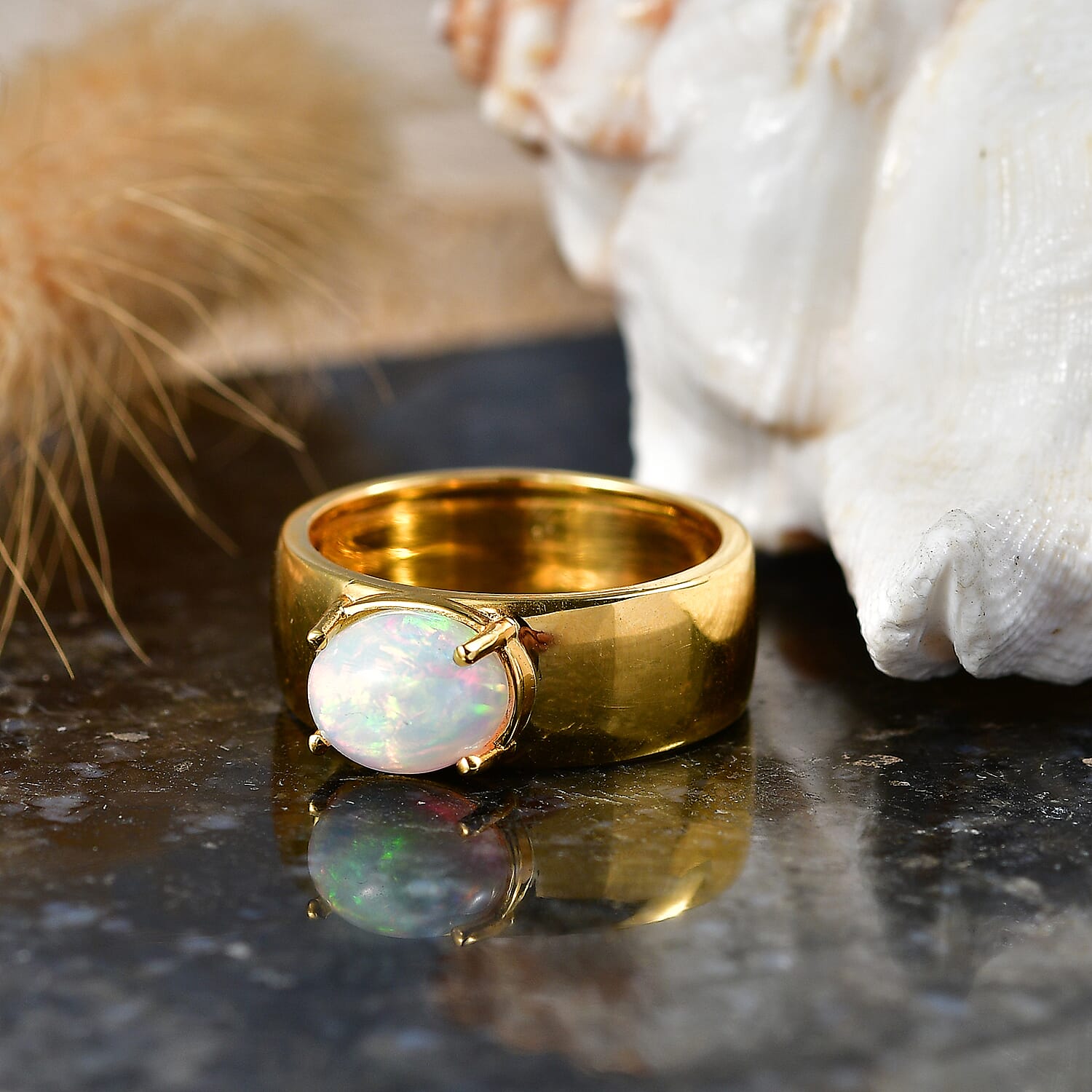 D'Joy - Ethiopian Opal Solitaire Ring in Yellow Gold Plated Sterling Silver
