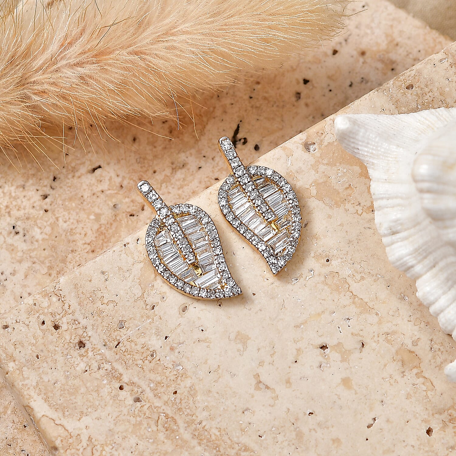 Luxuriant - Lab Grown Diamond (SI-G-H) Leaf Earring with Push Post in 18K Vermeil Yellow Gold Plated Sterling Silver 1.50 Ct.