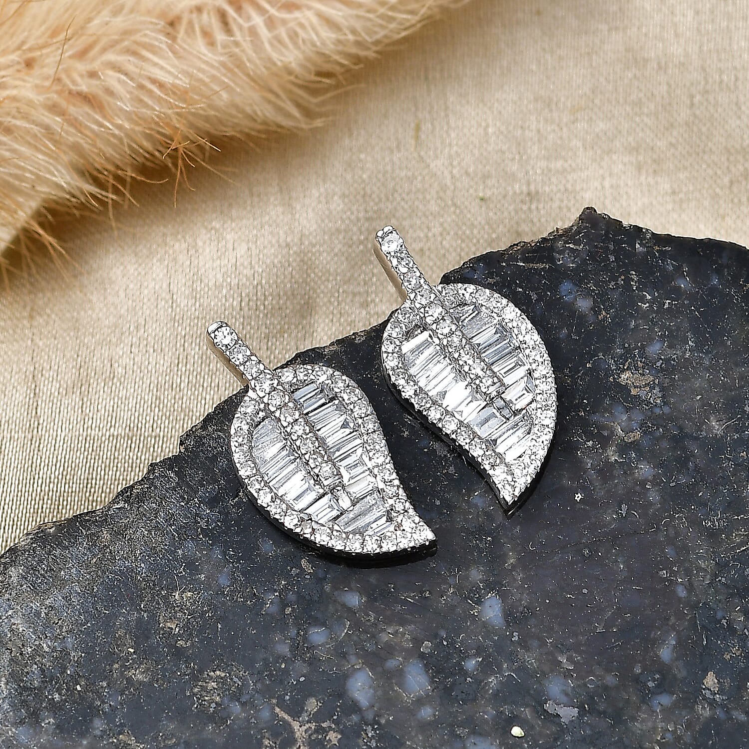Luxuriant - Lab Grown Diamond (SI-G-H) Leaf Earring with Push Post in Rhodium Overlay Sterling Silver 1.50 Ct.