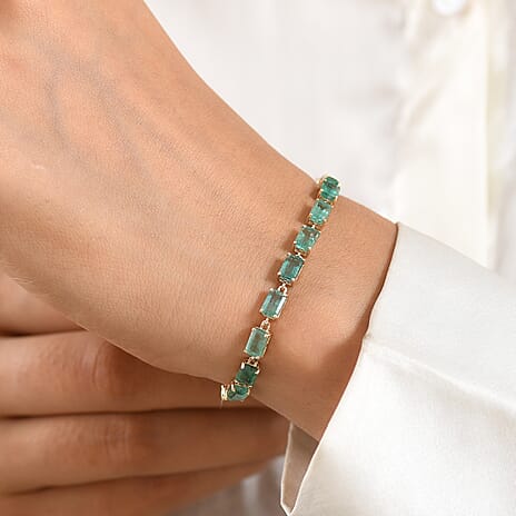 THE IMPERIAL TREASURE - 9K Yellow Gold AAA Gemfields Zambian Emerald Tennis Bracelet (Size - 7.5) with GB Lock Box 12.00 Ct, Gold Wt. 3.11 Gms (LIMITED STOCK)