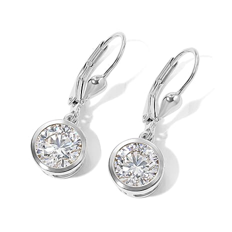 Royal Bali Collection - D'Joy Moissanite Solitaire Lever Back Earring in Rhodium Overlay Sterling Silver 3.00 Ct.