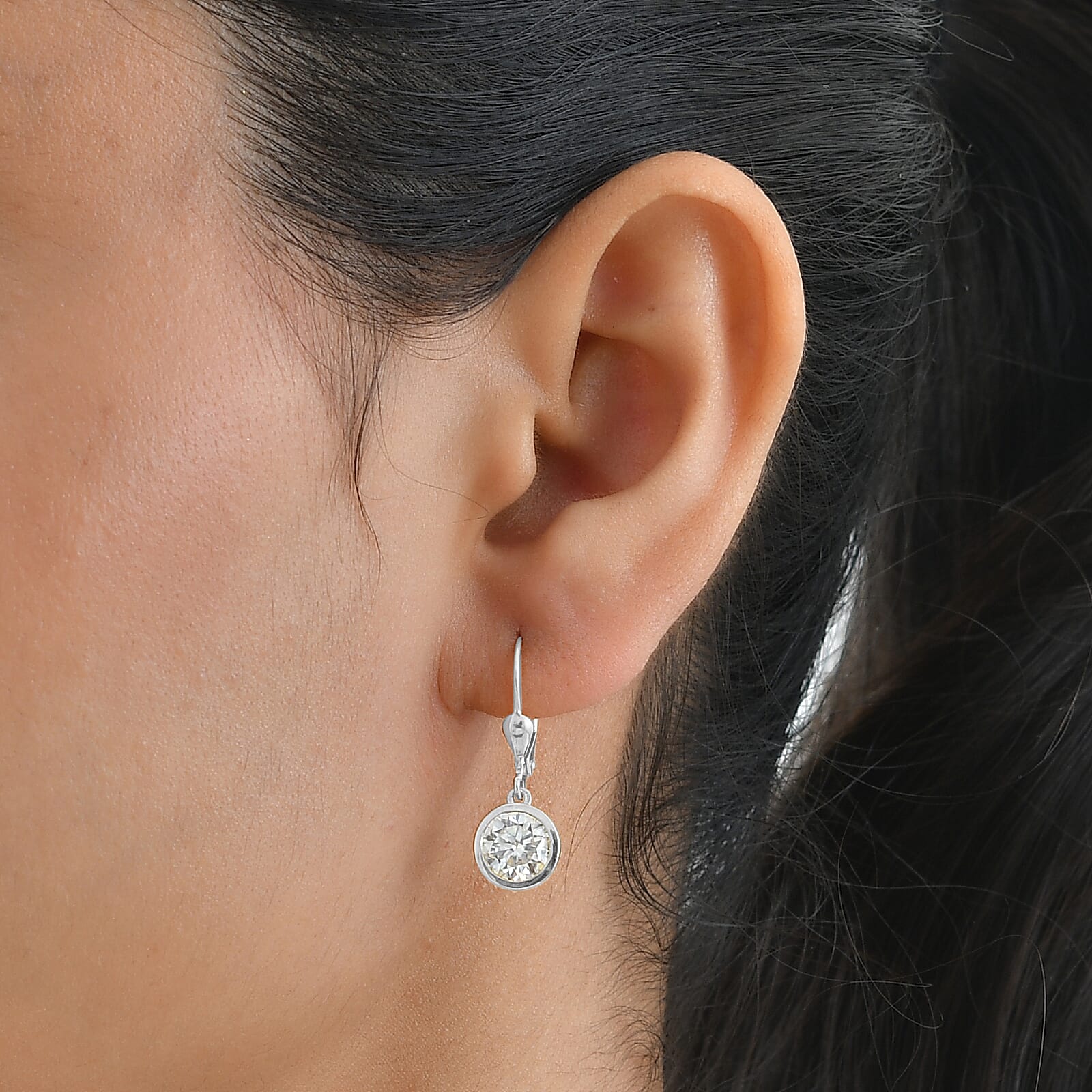 Royal Bali Collection - D'Joy Moissanite Solitaire Lever Back Earring in Rhodium Overlay Sterling Silver 3.00 Ct.