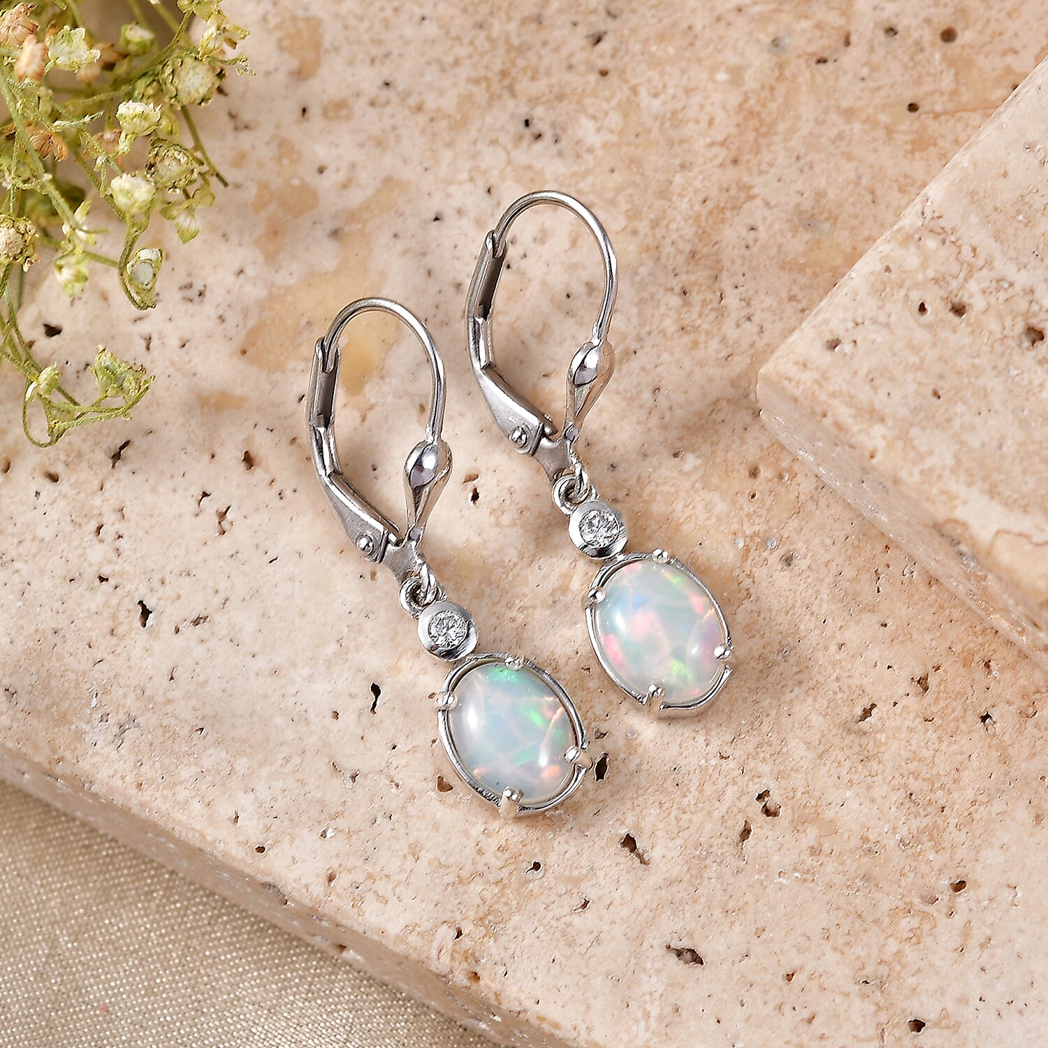 Luxuriant - Ethiopian Opal & Lab Grown Diamond (SI-G-H) Lever Back Earring in Rhodium Overlay Sterling Silver 1.80 Ct.