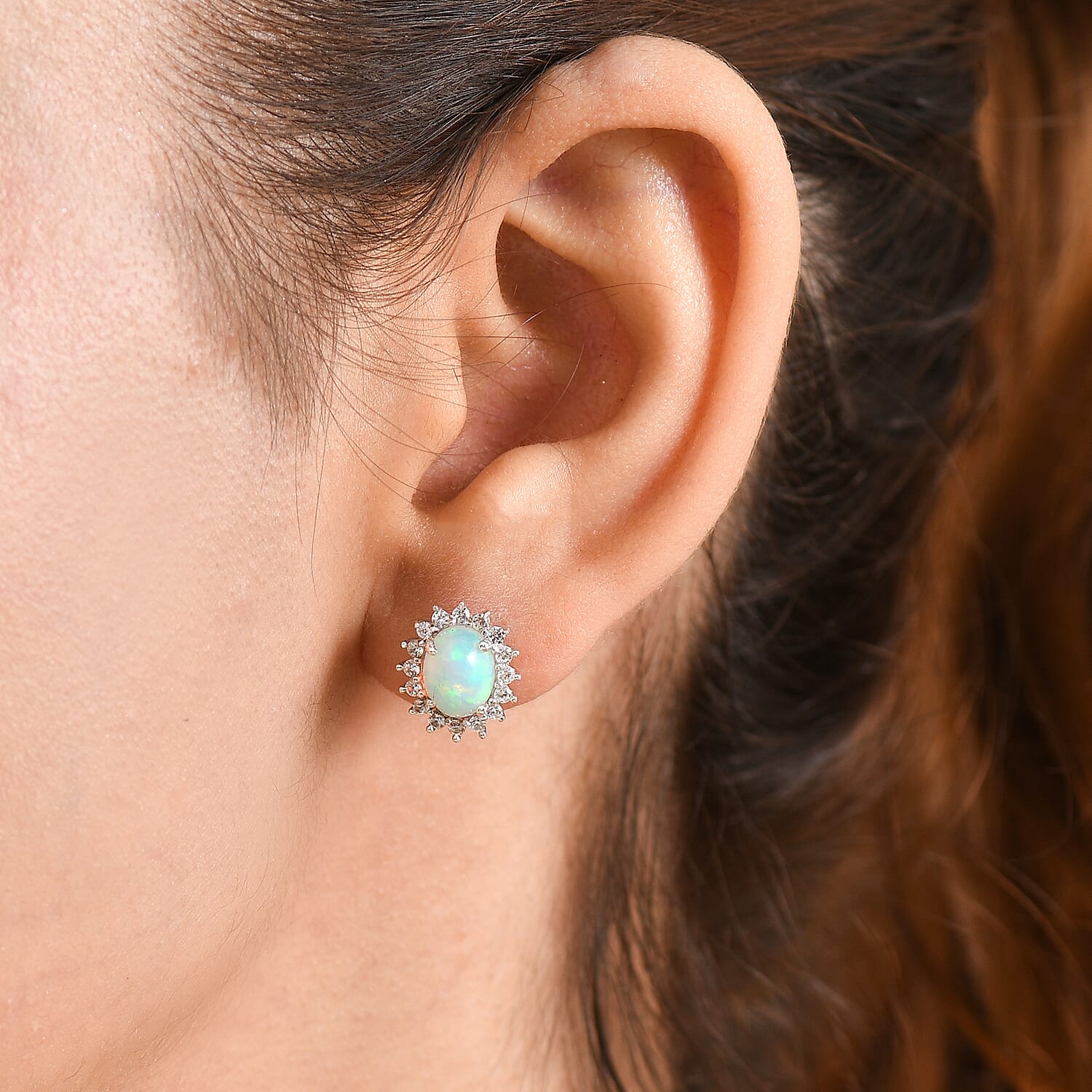 D'Joy - Ethiopian Opal & White Zircon Halo Earring with Push Post in Platinum Overlay Sterling Silver 2.16 Ct.
