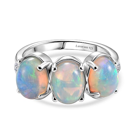 Luxuriant - Ethiopian Opal & Lab Grown Diamond (SI-G-H) Trilogy Ring in Rhodium Overlay Sterling Silver 2.57 Ct.