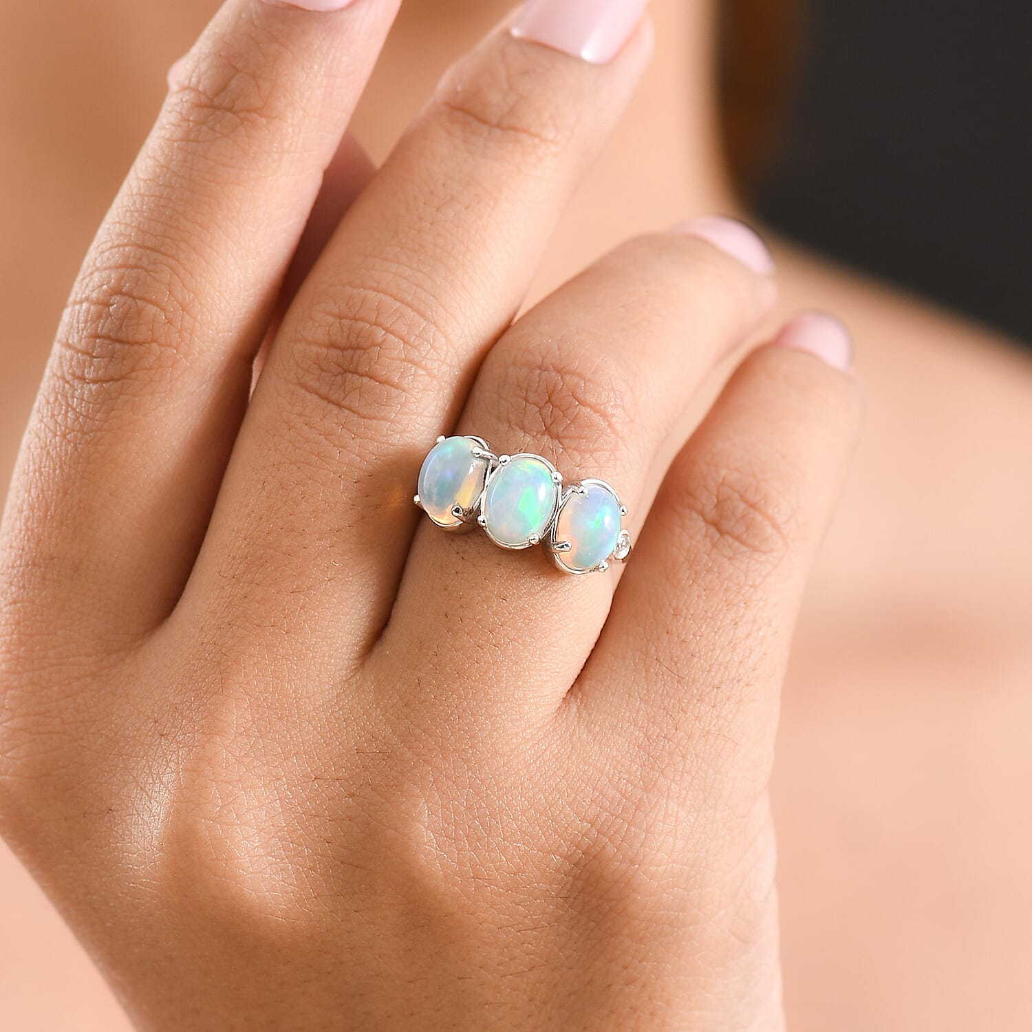 Luxuriant - Ethiopian Opal & Lab Grown Diamond (SI-G-H) Trilogy Ring in Rhodium Overlay Sterling Silver 2.57 Ct.