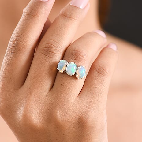 Luxuriant - Ethiopian Opal & Lab Grown Diamond (SI-G-H) Trilogy Ring in Rhodium Overlay Sterling Silver 2.57 Ct.