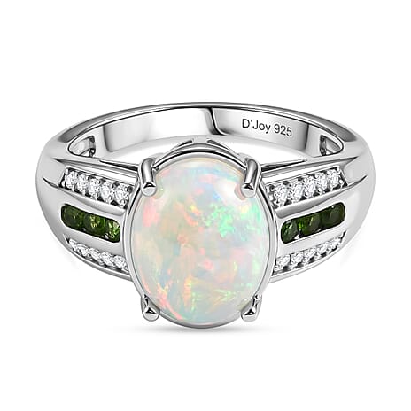 D'Joy - Ethiopian Opal, Natural Chrome Diopside & White Zircon Ring in Rhodium Overlay Sterling Silver 2.20 Ct.