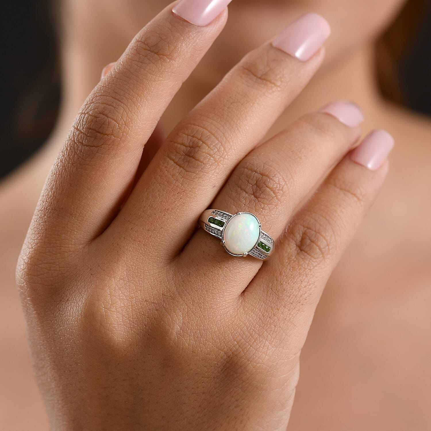 D'Joy - Ethiopian Opal, Natural Chrome Diopside & White Zircon Ring in Rhodium Overlay Sterling Silver 2.20 Ct.