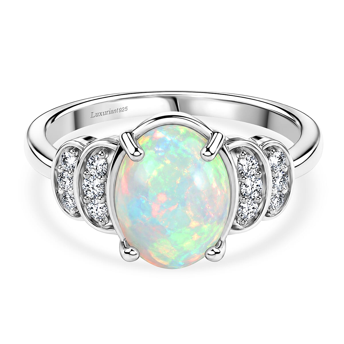 Luxuriant - Ethiopian Opal & Lab Grown Diamond (SI-G-H) Ring in Rhodium Overlay Sterling Silver 1.40 Ct.