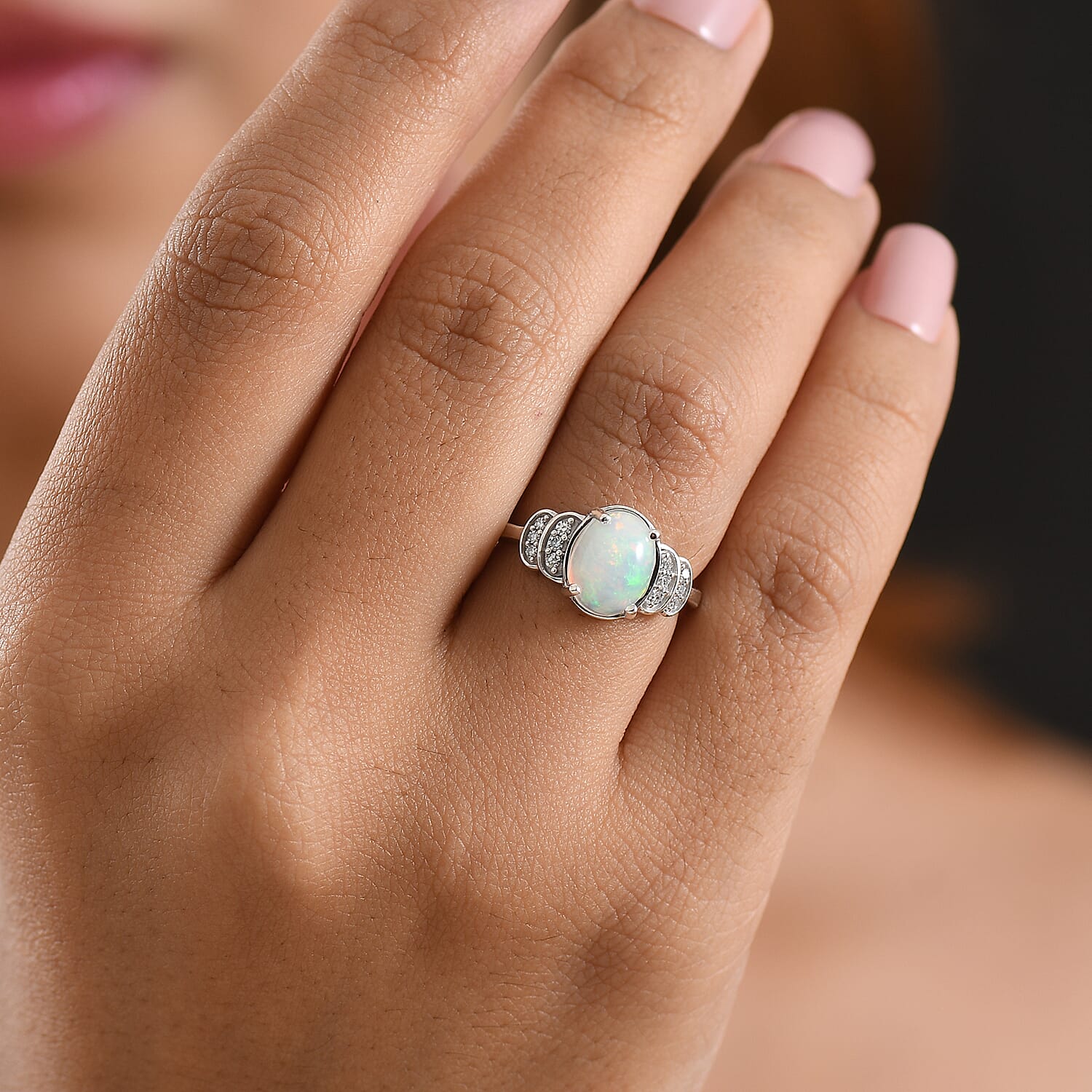 Luxuriant - Ethiopian Opal & Lab Grown Diamond (SI-G-H) Ring in Rhodium Overlay Sterling Silver 1.40 Ct.