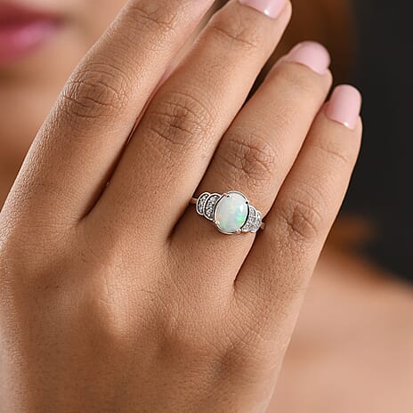 Luxuriant - Ethiopian Opal & Lab Grown Diamond (SI-G-H) Ring in Rhodium Overlay Sterling Silver 1.40 Ct.