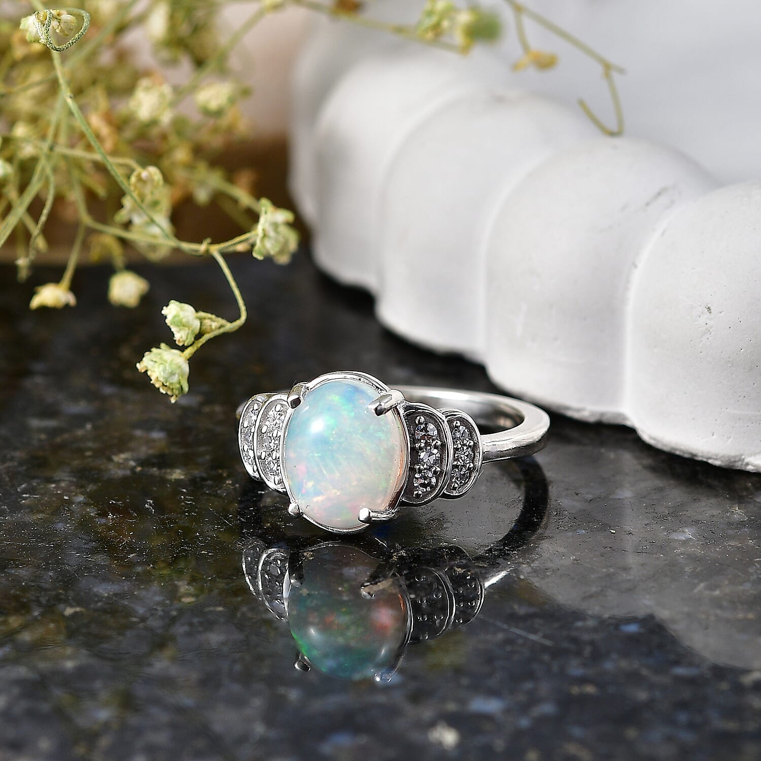 Luxuriant - Ethiopian Opal & Lab Grown Diamond (SI-G-H) Ring in Rhodium Overlay Sterling Silver 1.40 Ct.