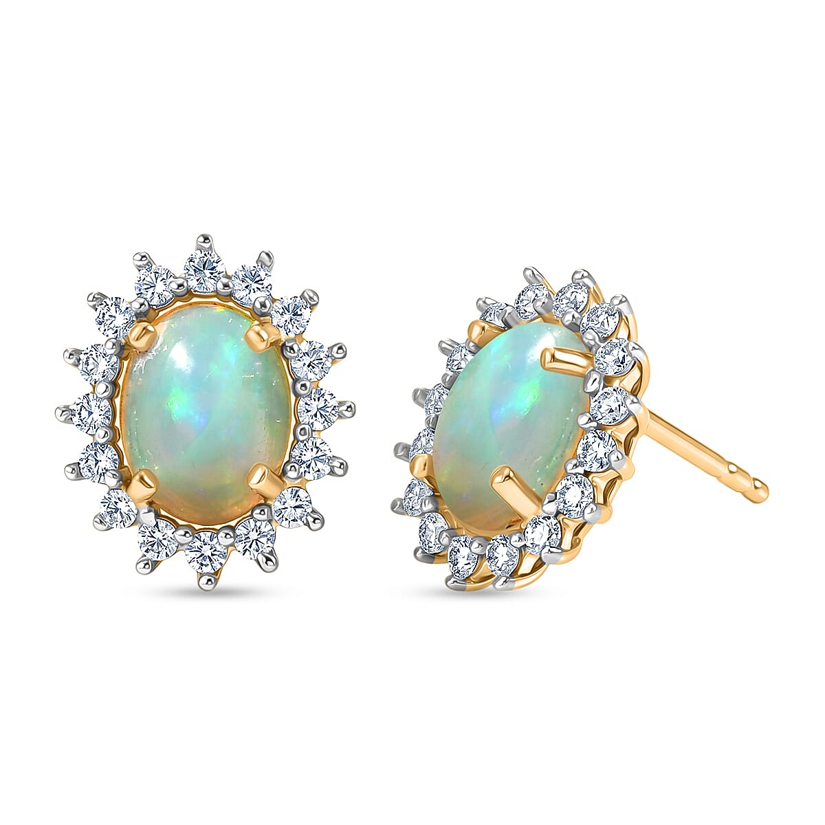 D'Joy - Ethiopian Opal & White Zircon Halo Earring with Push Post in Yellow Gold Plated Sterling Silver 2.40 Ct.