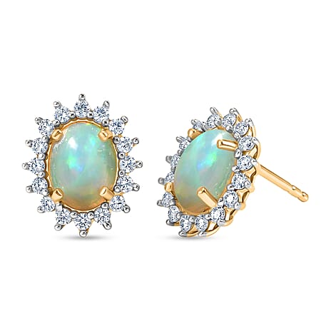 D'Joy - Ethiopian Opal & White Zircon Halo Earring with Push Post in Yellow Gold Plated Sterling Silver 2.40 Ct.