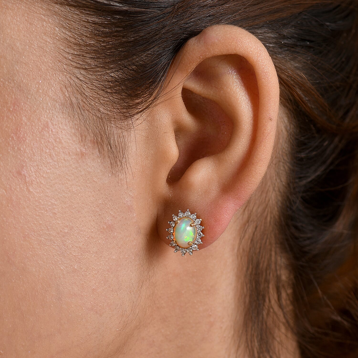 D'Joy - Ethiopian Opal & White Zircon Halo Earring with Push Post in Yellow Gold Plated Sterling Silver 2.40 Ct.