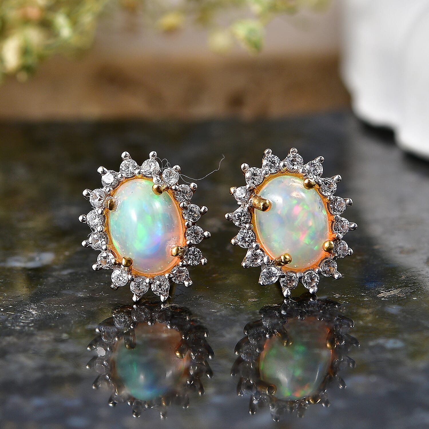 D'Joy - Ethiopian Opal & White Zircon Halo Earring with Push Post in Yellow Gold Plated Sterling Silver 2.40 Ct.