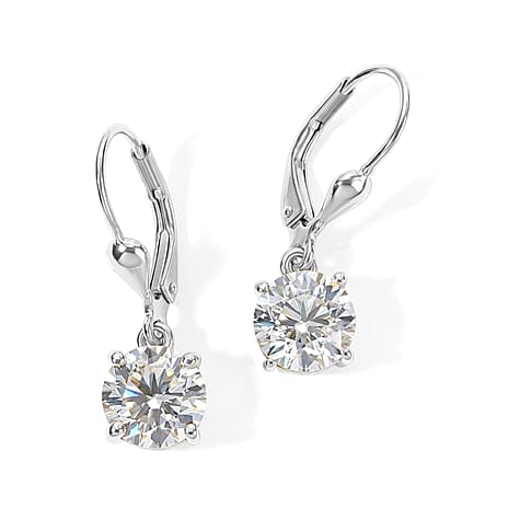 Royal Bali Collection - D'Joy Moissanite Solitaire Lever Back Earring in Rhodium Overlay Sterling Silver 3.00 Ct.