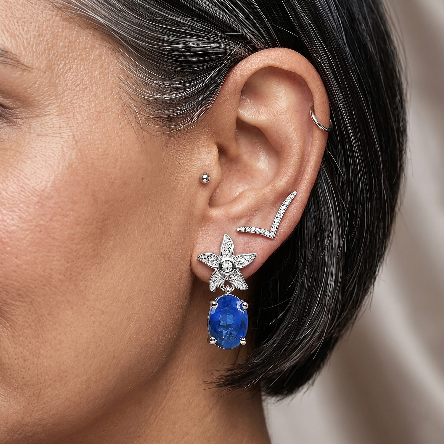 D'Joy - Ceylon Color Quartz & White Zircon Dangling Earring with Push Post in Platinum Overlay Sterling Silver 2.70 Ct.