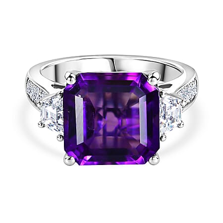 D'Joy - AAA Zambian Amethyst & White Zircon Trilogy Ring in Rhodium Overlay Sterling Silver 6.80 Ct.