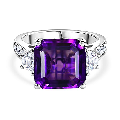 D'Joy - AAA Zambian Amethyst & White Zircon Trilogy Ring in Rhodium Overlay Sterling Silver 6.80 Ct.