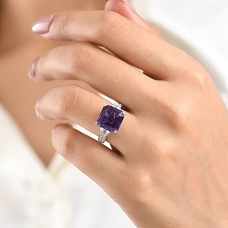 D'Joy - AAA Zambian Amethyst & White Zircon Trilogy Ring in Rhodium Overlay Sterling Silver 6.80 Ct.