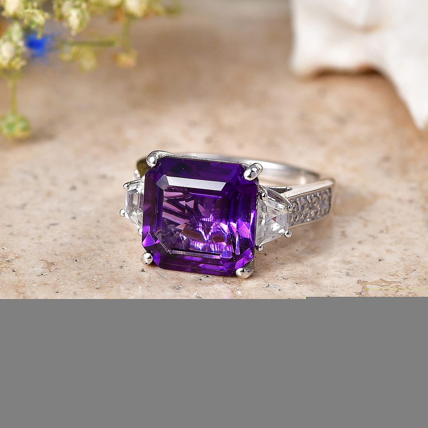 D'Joy - AAA Zambian Amethyst & White Zircon Trilogy Ring in Rhodium Overlay Sterling Silver 6.80 Ct.